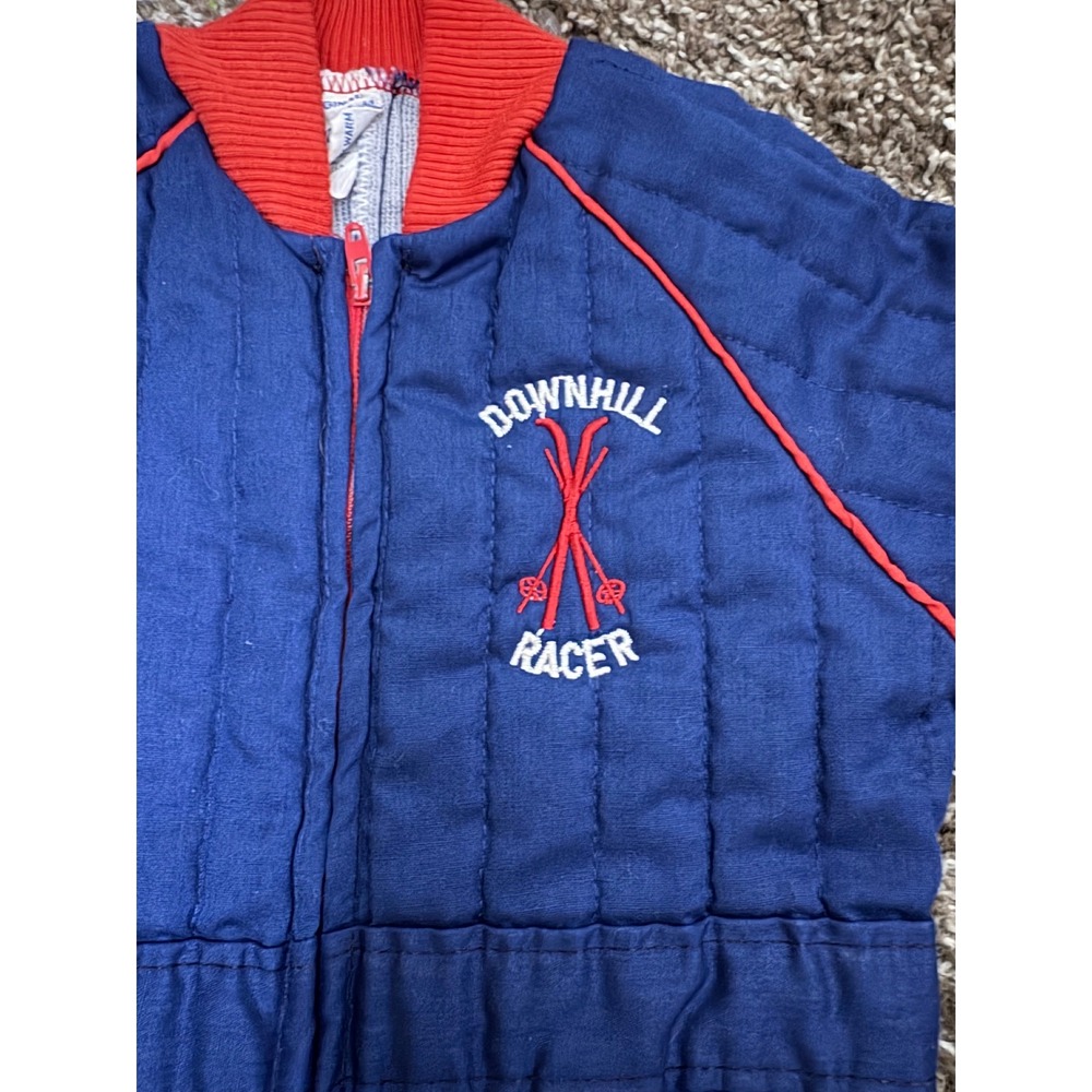 Vintage Chandler Downhill Racer Kids Snowsuit Blue Red Quilted Ski Suit Set 2T - Picture 2 of 5